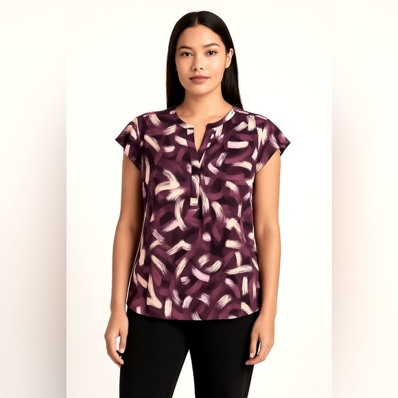552- Calvin Klein Ruffle Sleeve Blouse Women’s Size S NWT Purple Abstract Print - Picture 1 of 8